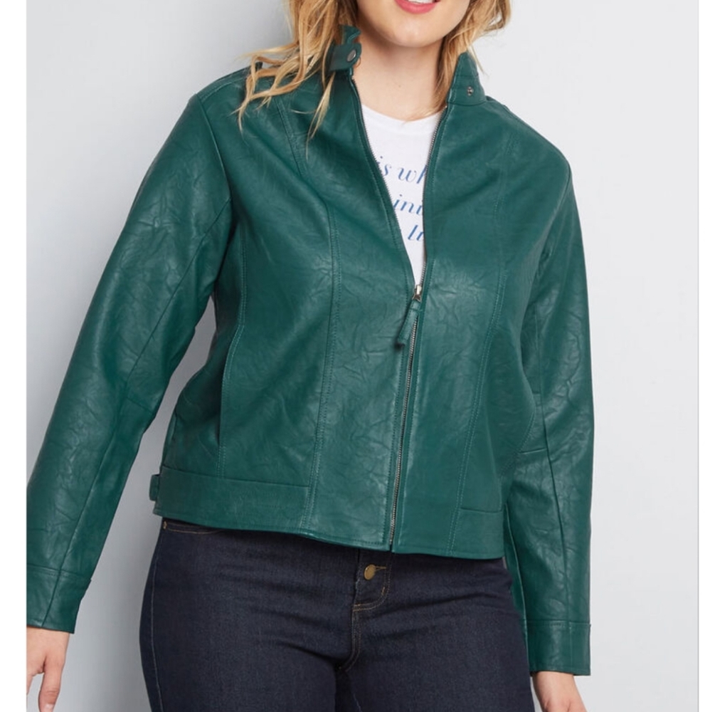 Jack by BB Dakota Green Faux Leather Embossed Geometric Texture Moto Jacket